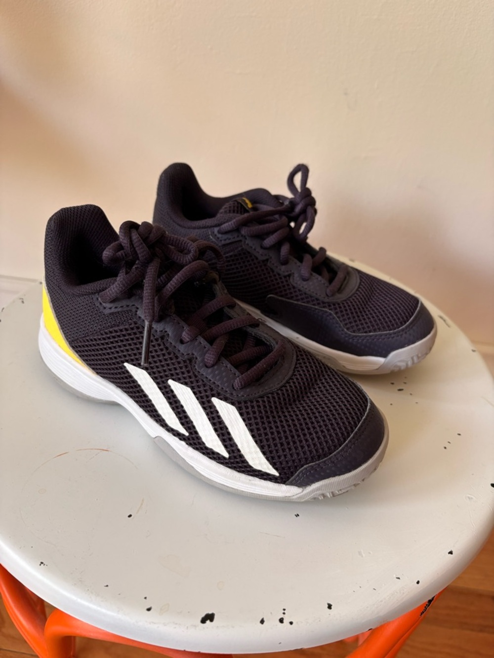 adidas Kids Black Sneakers with White Stripes and Yellow Heel